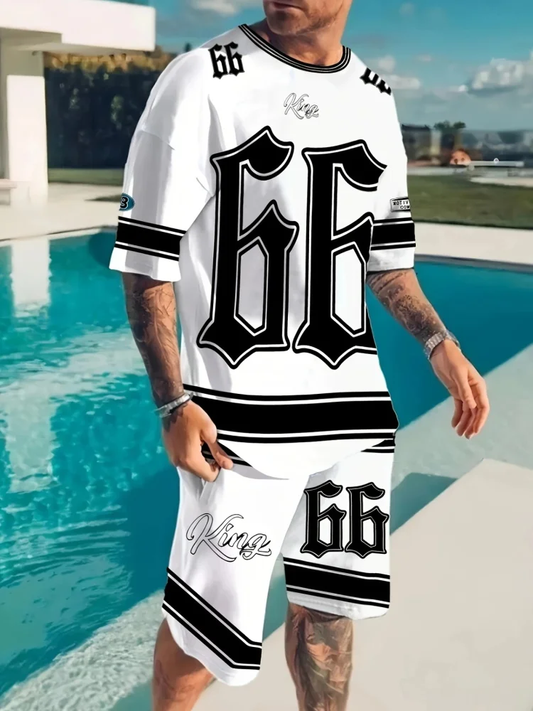 

Summer Outdoor Activity Round-neck Men's Two-piece Short-sleeved Casual Set, Printed With The Letter No. 66