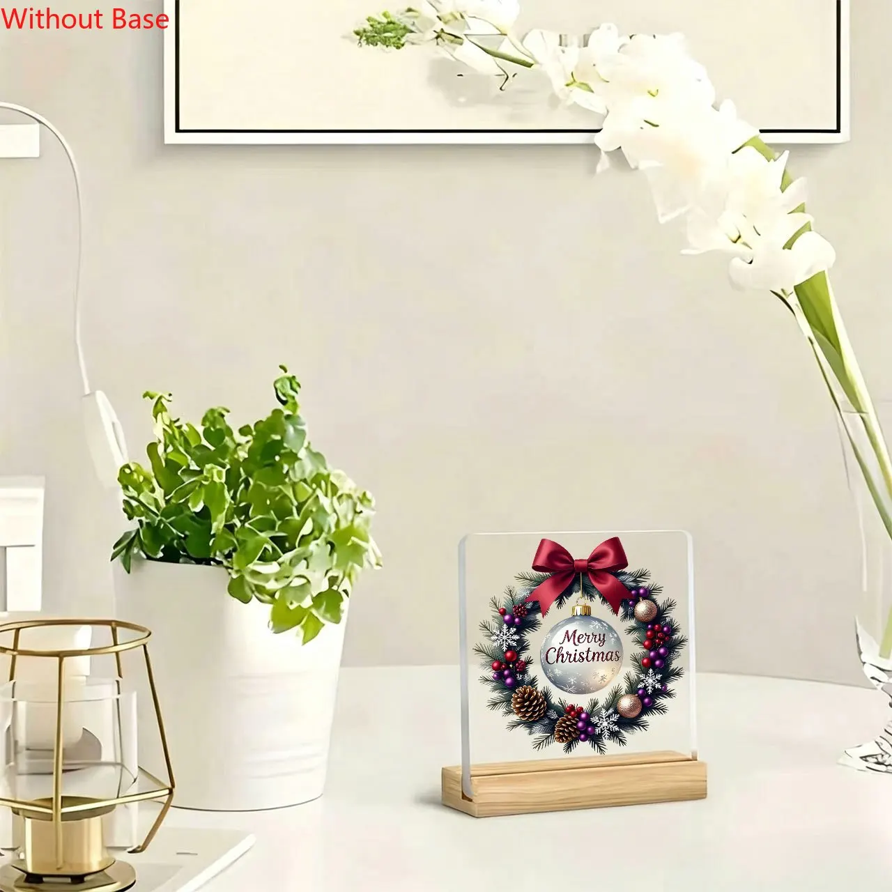 CIFBUY Acrylic Sign 2D Flat Wreath Merry Christmas Quote Wooden Base Paperweight Desktop Plaque Office Home Decor Gift for Famil