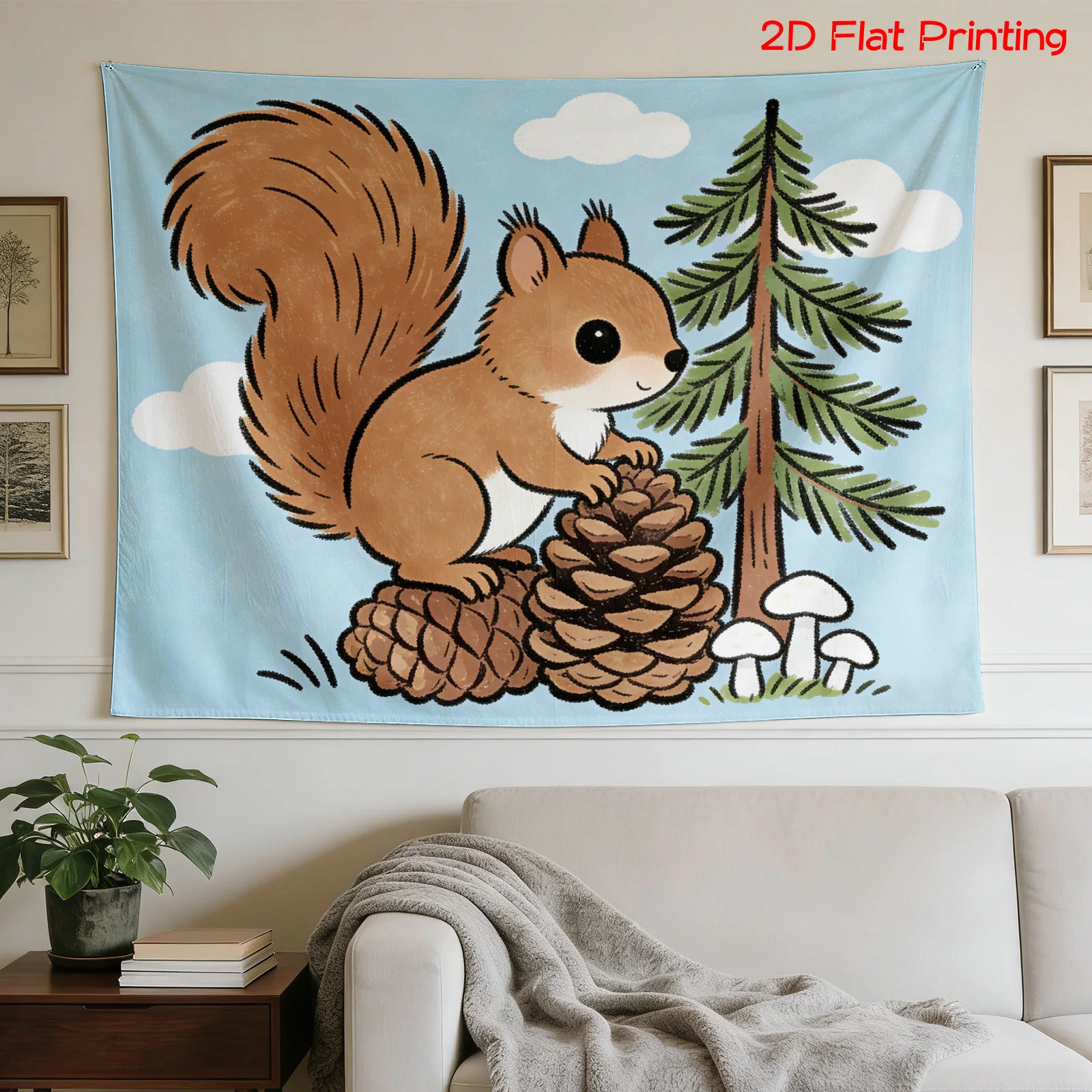 Large Squirrel Woodland Tapestry Wall Hanging Cute Forest Nature Print Decor Blue Kids Nursery Room Background Art