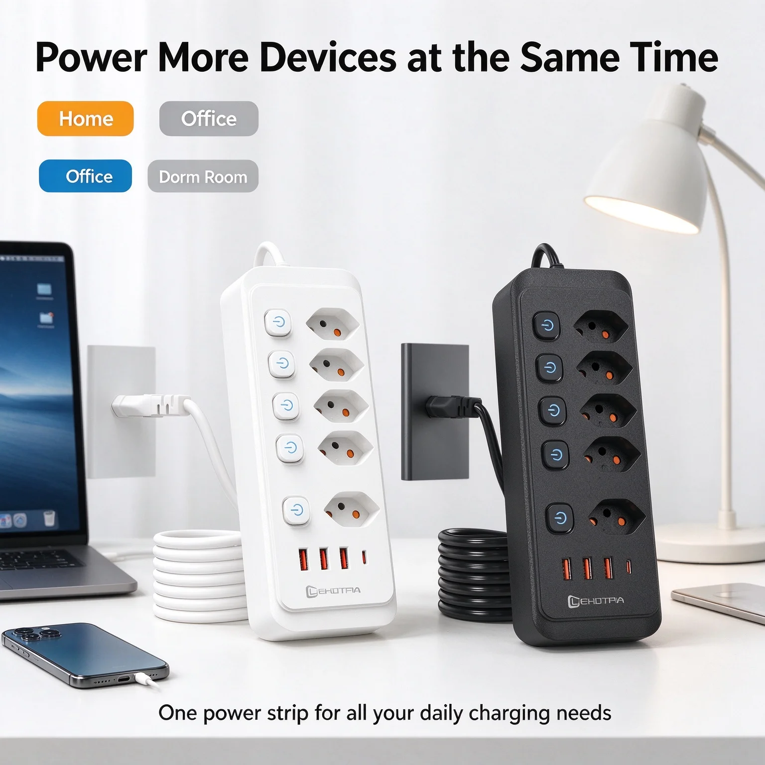 Power Strip With Individual Switches 5 AC Outlets 4 USB Ports 1.8m Extension Cord 2500W Max For Home Office Dorm Bedroom Use