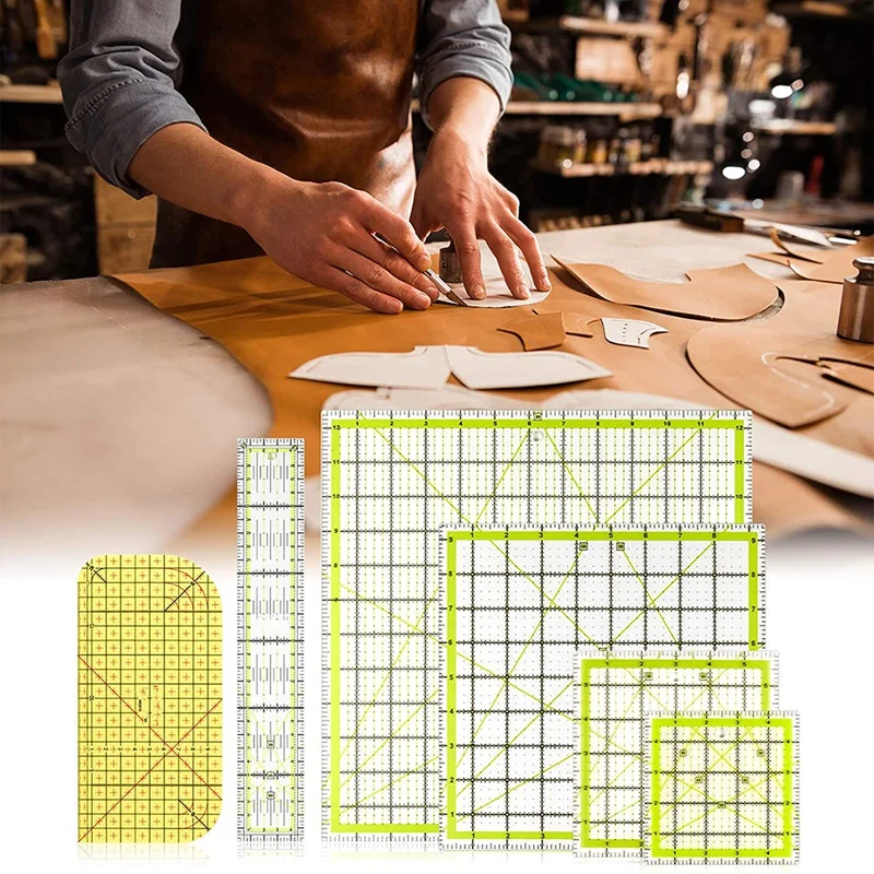 PWS 6 PCS Quilting Ruler Square Acrylic Quilting Ruler Fabric Cutting Ruler Transparent Marker Acrylic Ironing Ruler