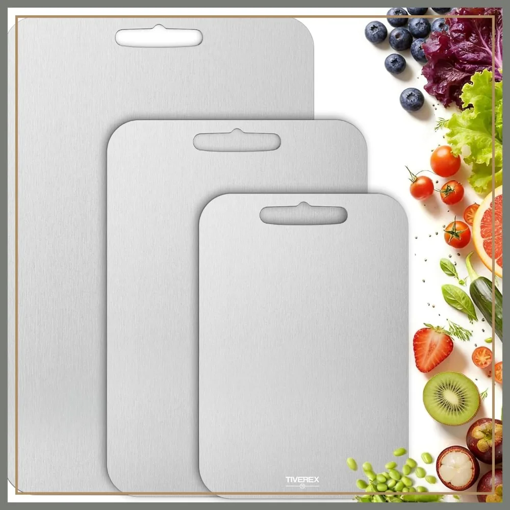 

Pure Titanium Cutting Board Set of 3, Double Sided Non Toxic Kitchen Chopping Boards for Meats, Fruits, Vegetables, Easy Clean Dishwasher Safe