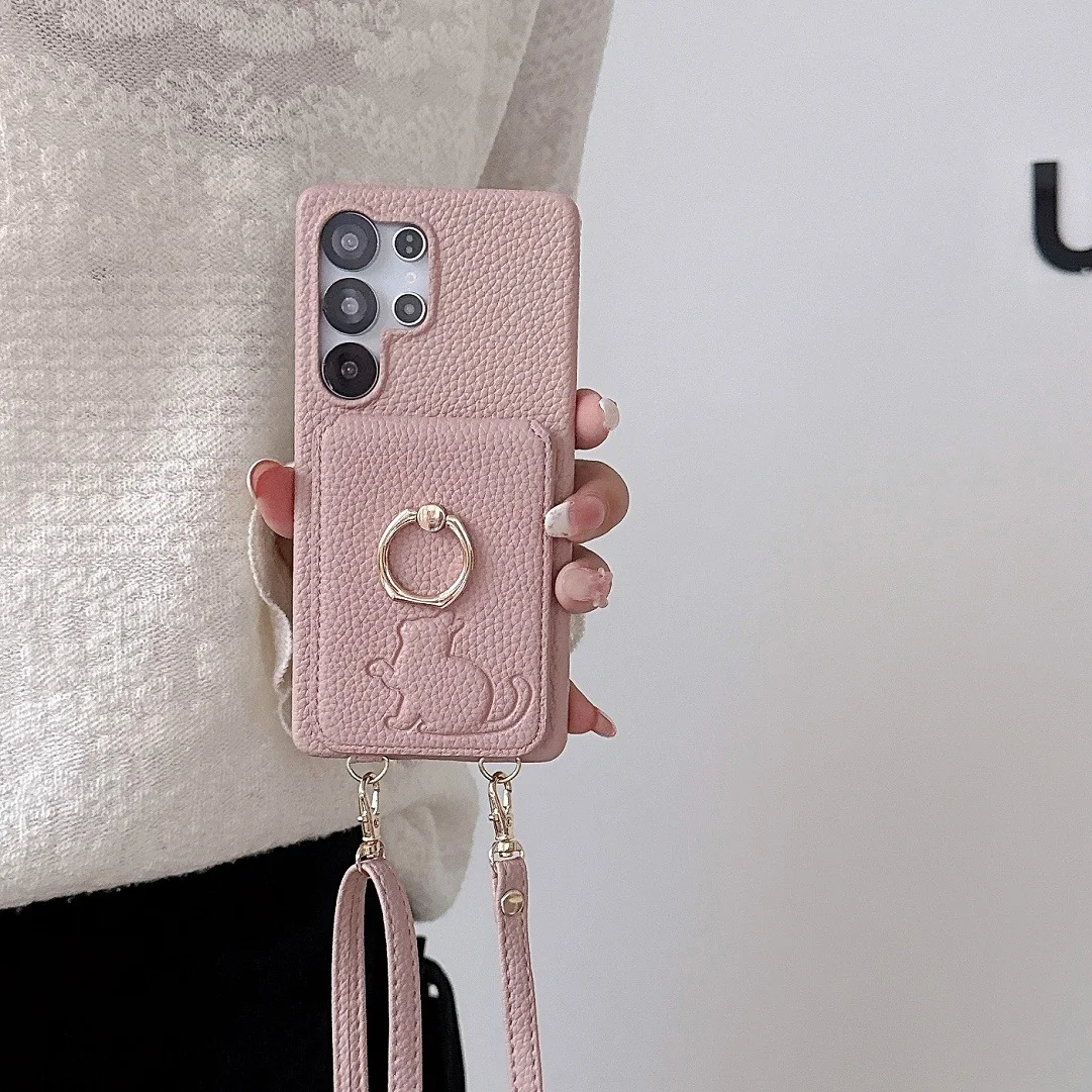 

Shoulder Leather Wallet Card Pocket Case For Samsung Galaxy S24 25 Ultra S23fe S22plus Makeup Mirror Cover Ring Stand Funda