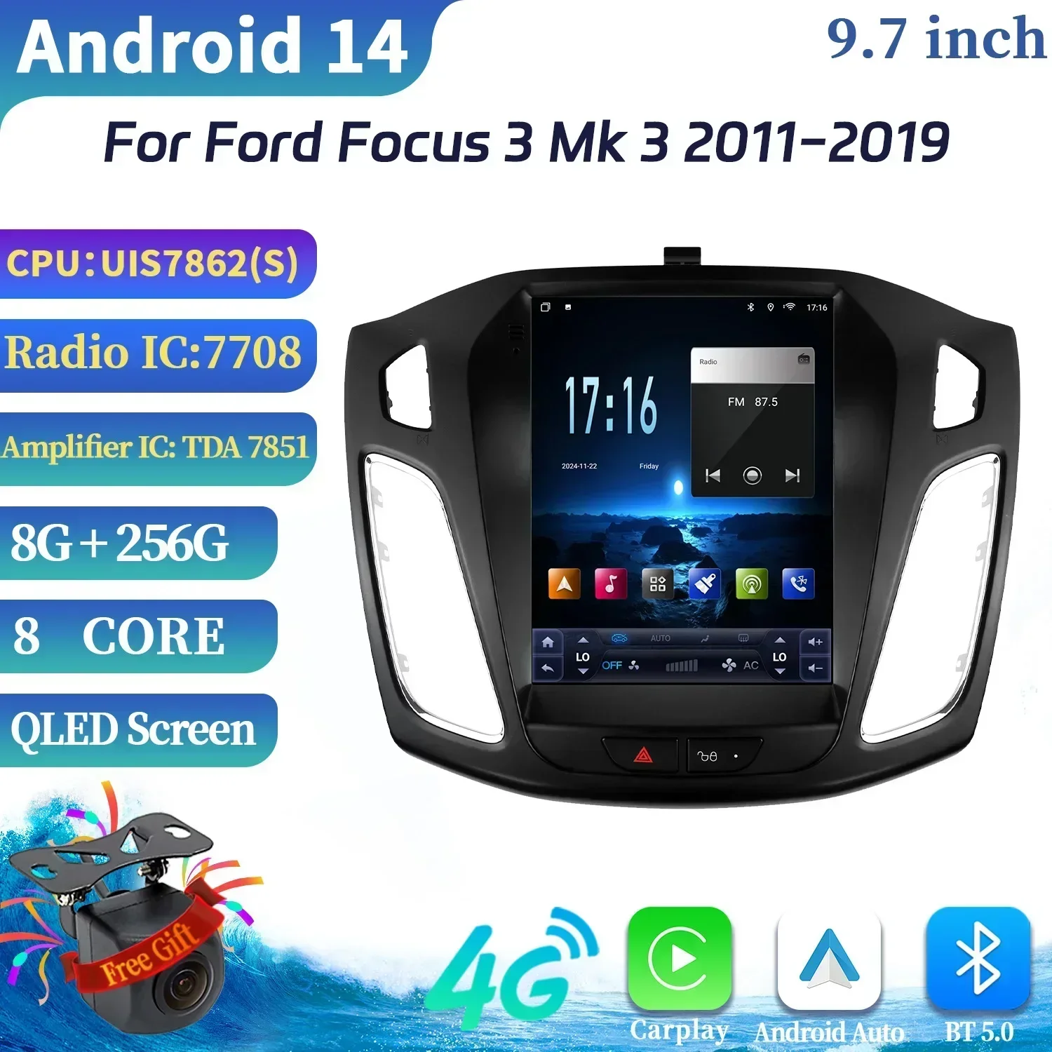 9.7inch Android 14 Car Radio For Ford Focus 3 Mk 3 2011-2019 Carplay 4G Multimedia Players GPS autoradio car monitor screen 4G