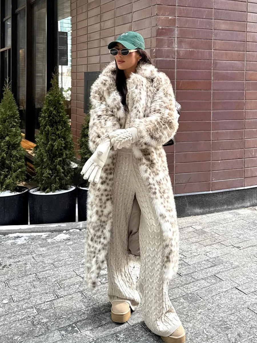 Women's Long Fluffy Faux Fur Coat Cream Spotted Open Front Winter Warm Thick Jacket Elegant Luxe Trendy Streetwear