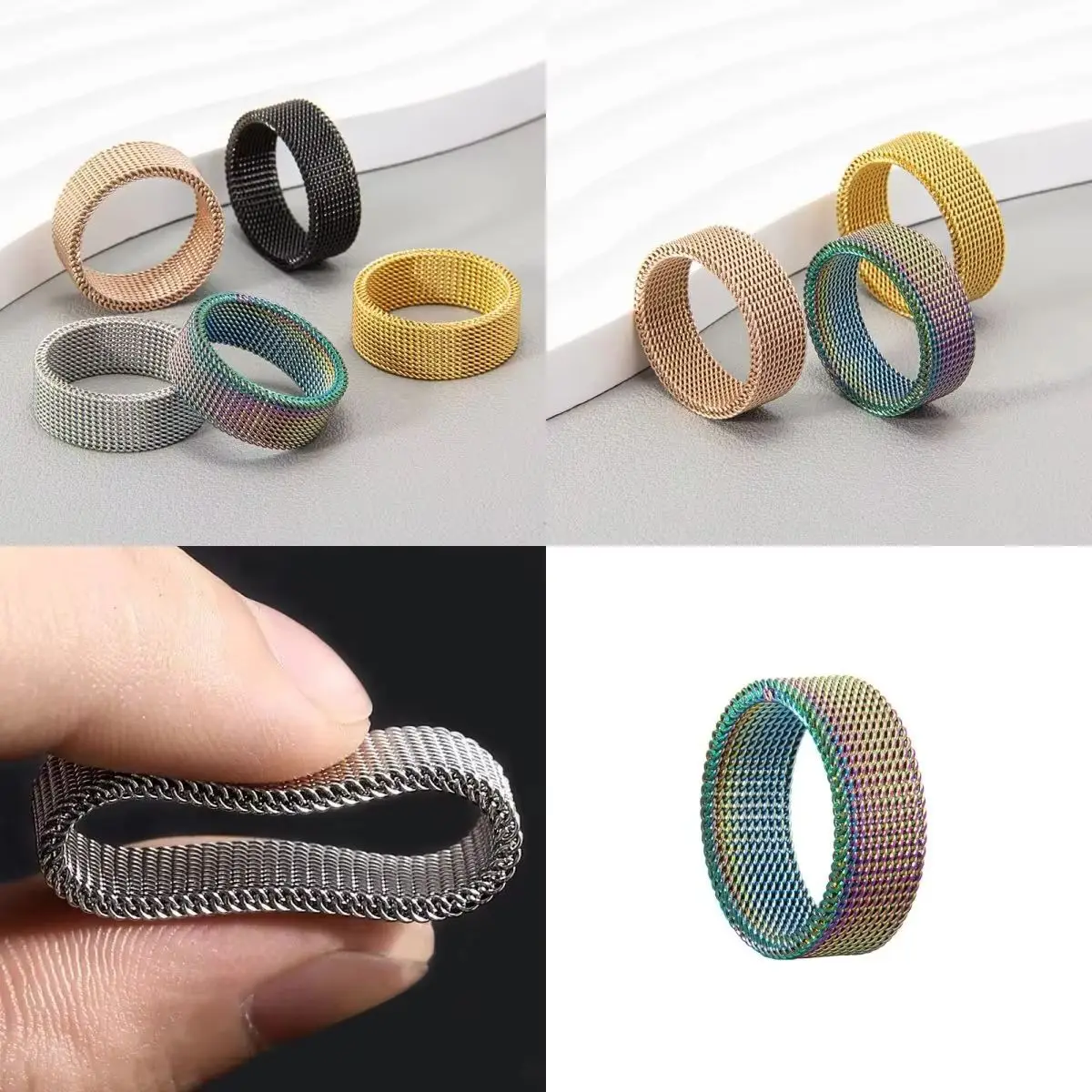8MM Grid Mesh Titanium Steel Ring Multi-Color High-Quality Fashion Jewelry Simple Design for Women And Men Suitable for Party