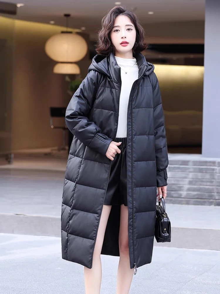 New Women Winter Long Leather Down Coat Fashion Real Fox FurCollar Wide-waisted Loose Down Coat Casual Thick Warm Overcoat