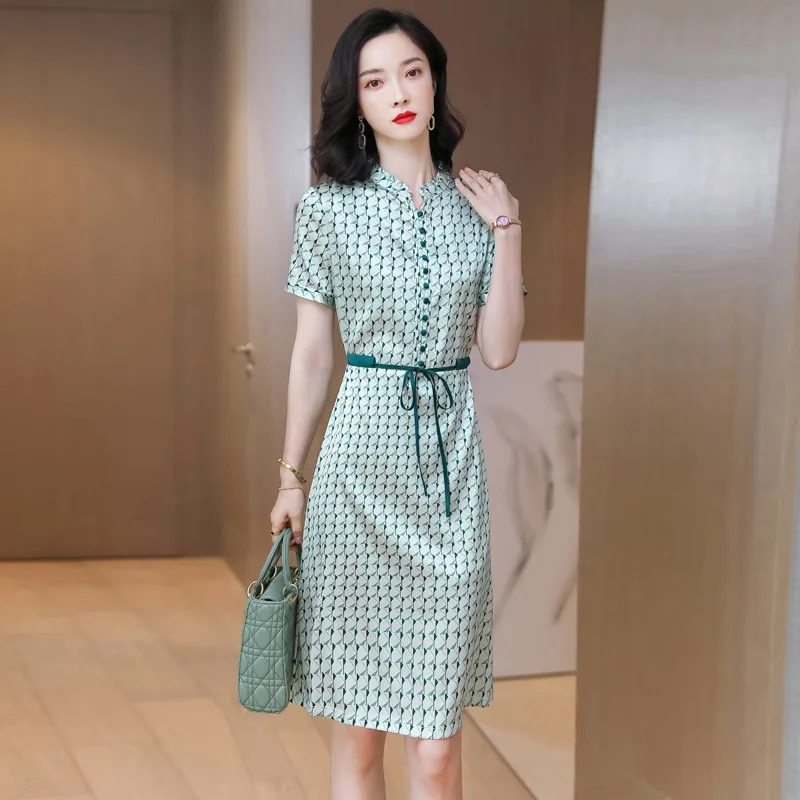 9153 Mother's Day Silk Dress Women's New Plaid plus Size Waist Trimming Temperament Silk Skirt