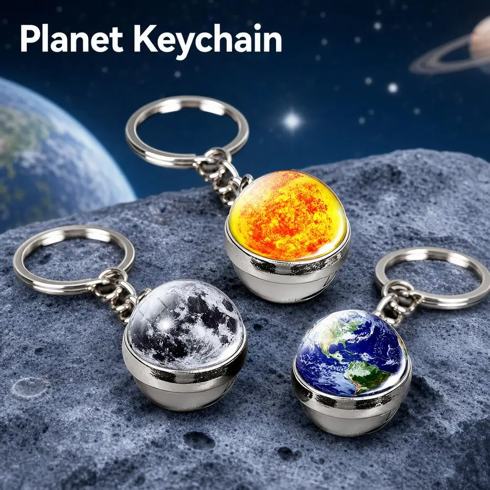 Glow-in-the-Dark Solar System Keychain for Crystal Double-Sided Earth Galaxy Pendant