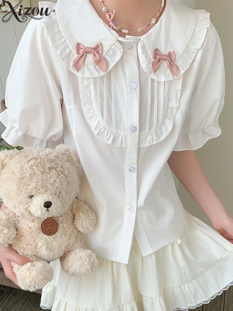 

2025 Summer Shirt Lolita Blouse White Doll Collar Bow Puff Bubble Sleeve Ruffle Japanese Kawaii Peter Pan Collar JK Preppy Daily