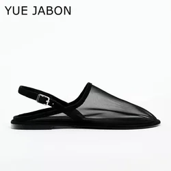 Summer Mesh Flat Mule Shoes Women Black White Sandals Women Casual Breathable Slingback Sandals Netted See-through Slipper Women