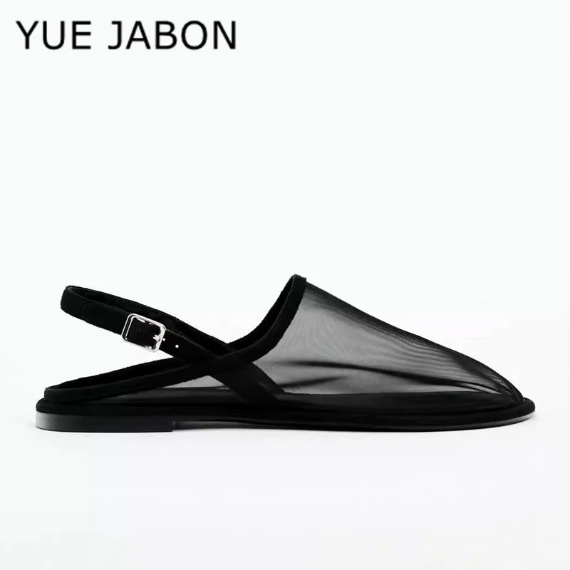 Summer Mesh Flat Mule Shoes Women Black White Sandals Women Casual Breathable Slingback Sandals Netted See-through Slipper Women