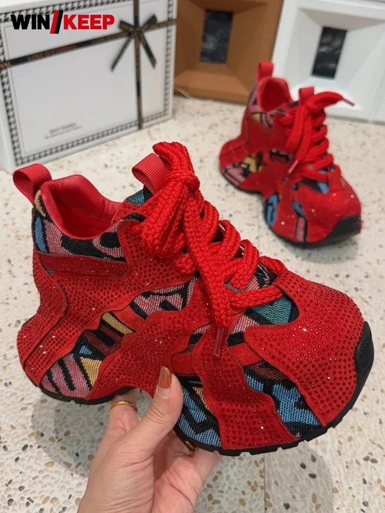 High Street Women Platform Sneakers Spliced Breathable Diamonds High Heel Jogging Shoes Lace Up Round Toe Walking Sport Shoes