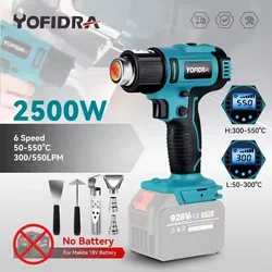 Yofidra 50-550 ℃   Pistola de calor sem fio, velocidade do vento, 6 engrenagens, display de temperatura, pistola de ar quente doméstica industrial para bateria makita de 18v