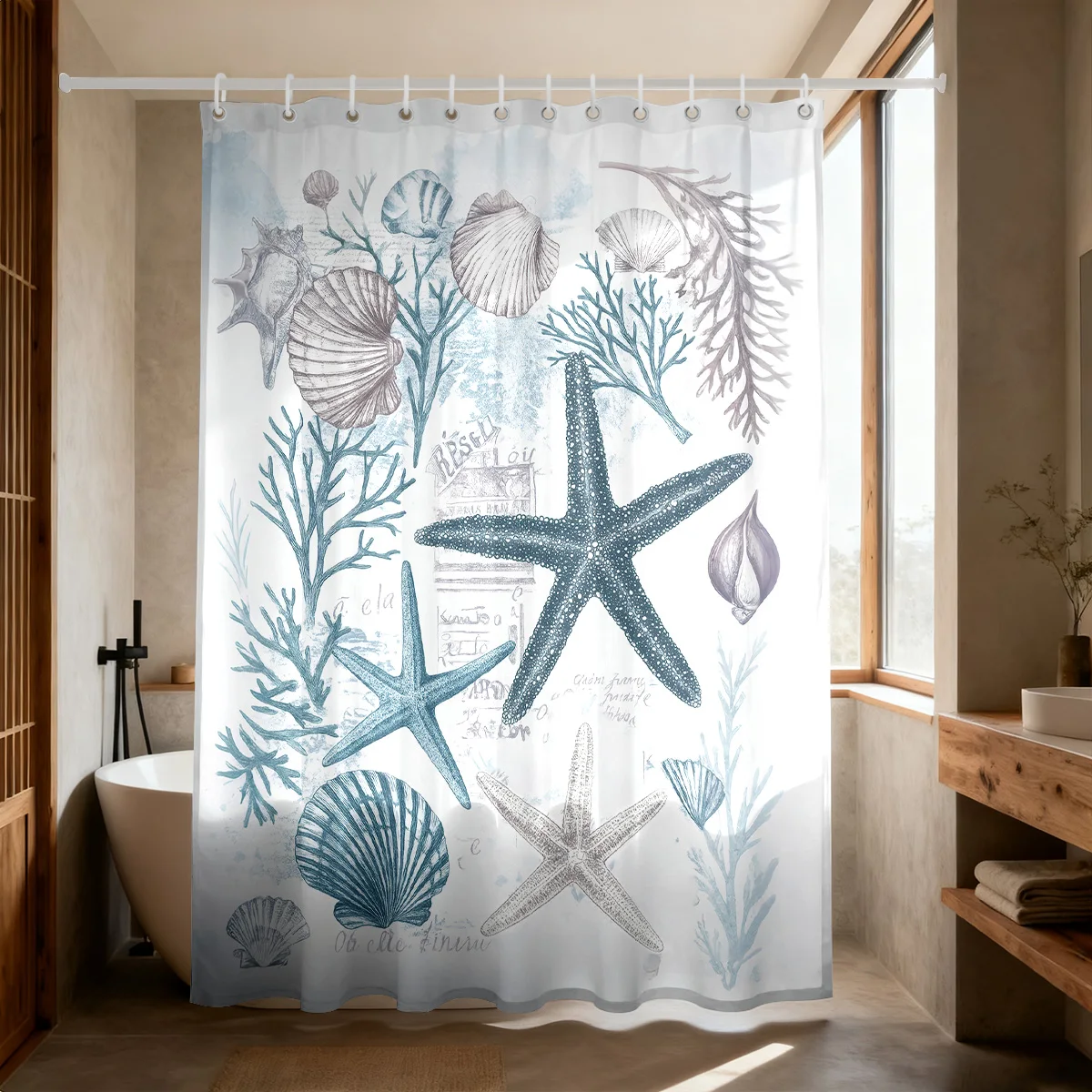 

1 шт., водонепроницаемая занавеска для душа с принтом морской звезды, перегородка, подвесная занавеска с 12 крючками разных размеров