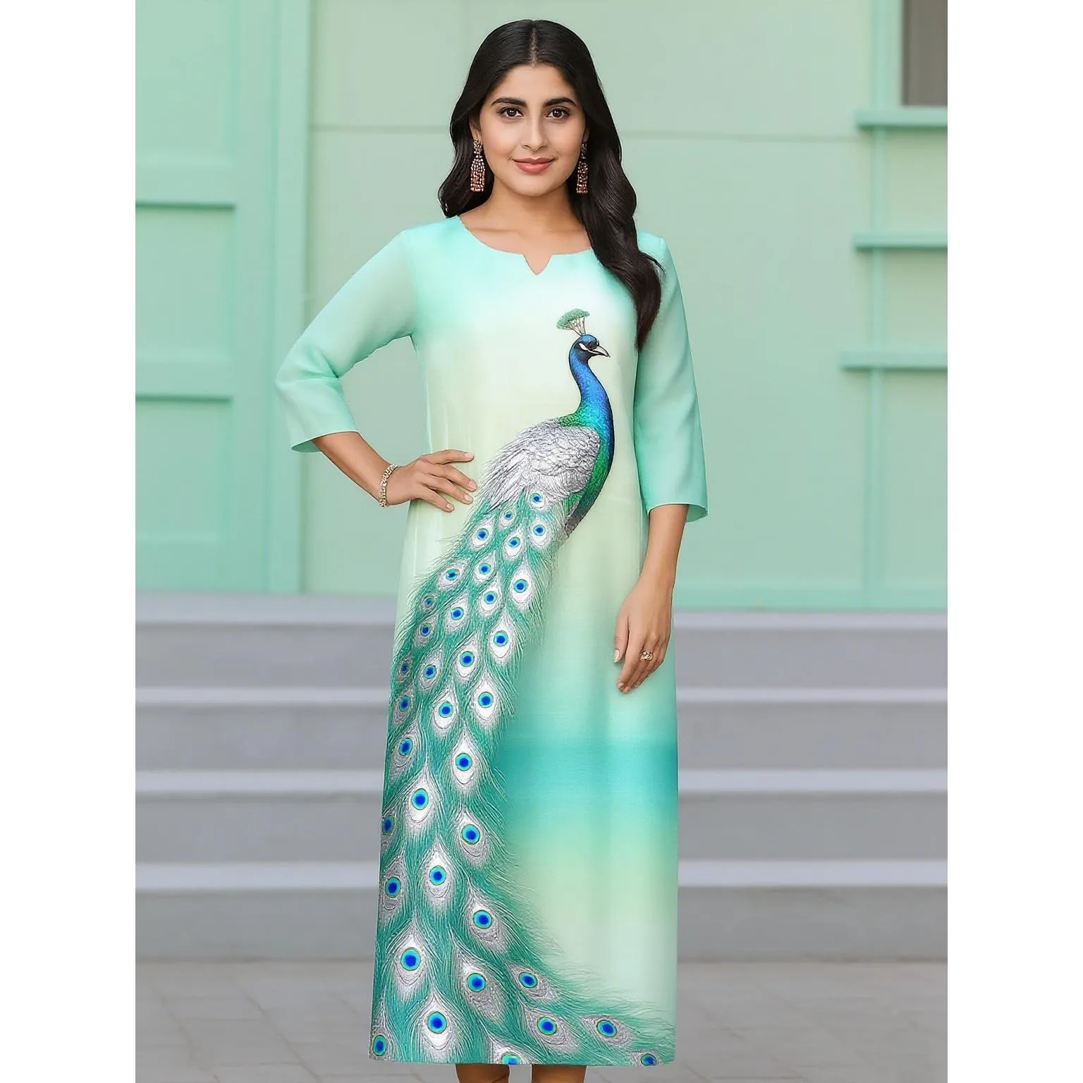 

Мусульманское повседневное платье с павлином, женское куртовое повседневное платье с длинным рукавом, прямой повседневный этнический цветок, мандарин, 3D дизайн, подходит для дам, Абая, мусульманская