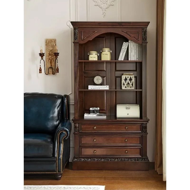 Pure solid wood bookcase, big American villa wine cabinet, carved decorative cabinet combination, living room side cabinet, stud