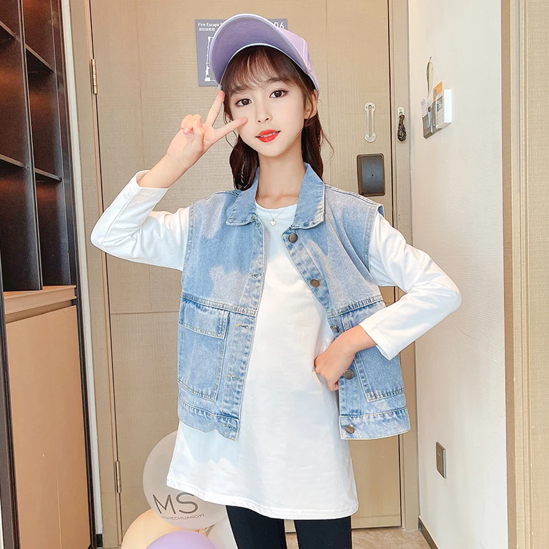 Brief Stylish Children Classic Denim Vest with Pockets for Boys Girls Casual Spring Sleeveless Jacket Kids School Waistcoat