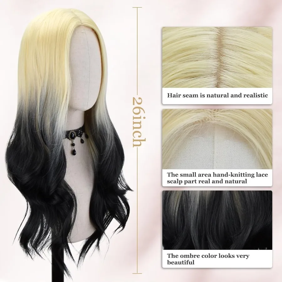 شعر مستعار طويل أشقر مختلط أسود مموج للنساء مع الجزء الأوسط شعر مستعار من الألياف الاصطناعية المموجة مع مظهر طبيعي مقاوم للحرارة لـ D #5