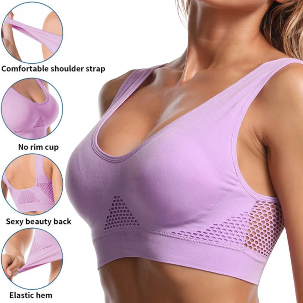 ตาข่ายผู้หญิงกีฬา Bras ฟิตเนส GYM ชุดชั้นในกันกระแทก Bra ไร้สาย 6XL PLUS ขนาด Crop TOP Breathable โยคะ Bra