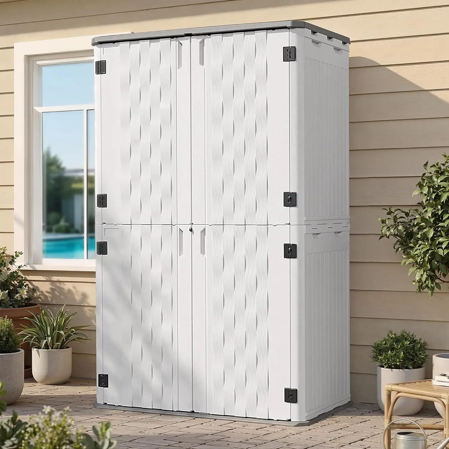 

67CuFt Resin Outdoor Storage Shed Waterproof Plastic Vertical Cabinet with Floor for Patio Backyard Garden Pool Tool, Customized