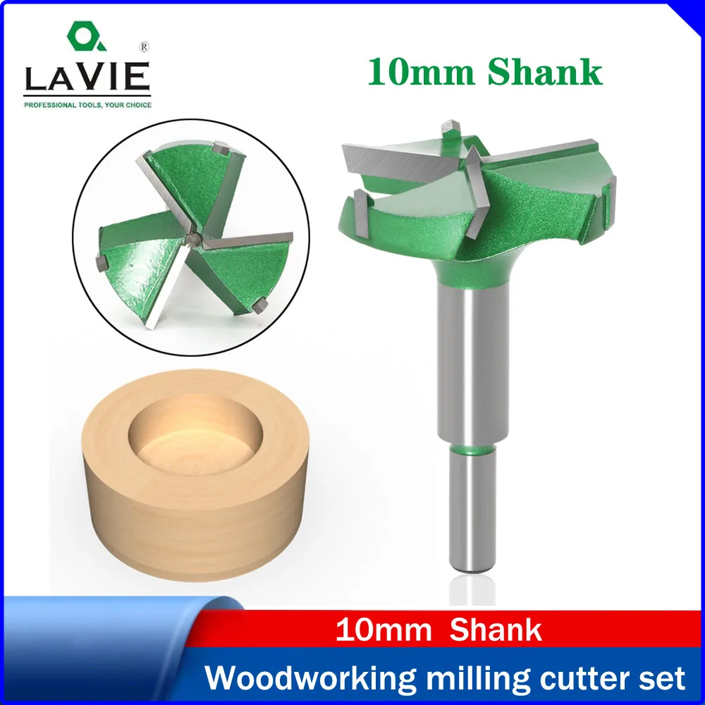 

LAVIE 10MM Shank 3-Flute Wood Forstner Drill Bit, 35mm Hinge Special Hole Opener, Round Wood Board Boring Cutter