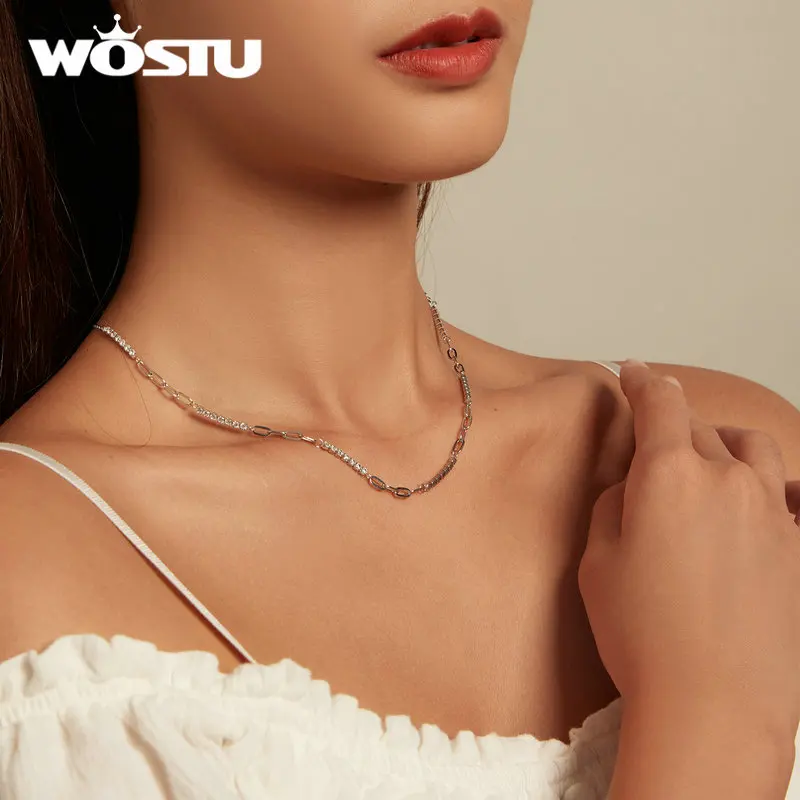 WOSTU 925 Sterling Silver Shining Splice Necklace Square Zircons Simple Neck Chain for Engagement Wedding Fine Jewelry Gifts