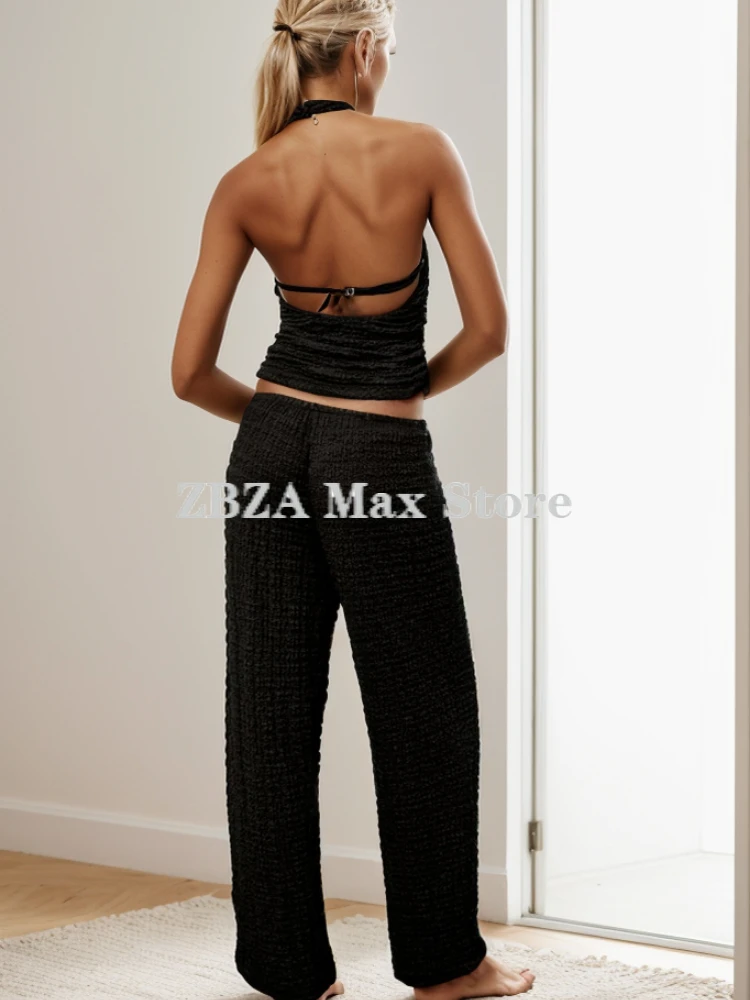 Textured Shirt Pant Suit Hanging Neck Backless Adjustable Strap Top Elastic Mid Waist Straight Leg Wide Leg Pants New Chic Set