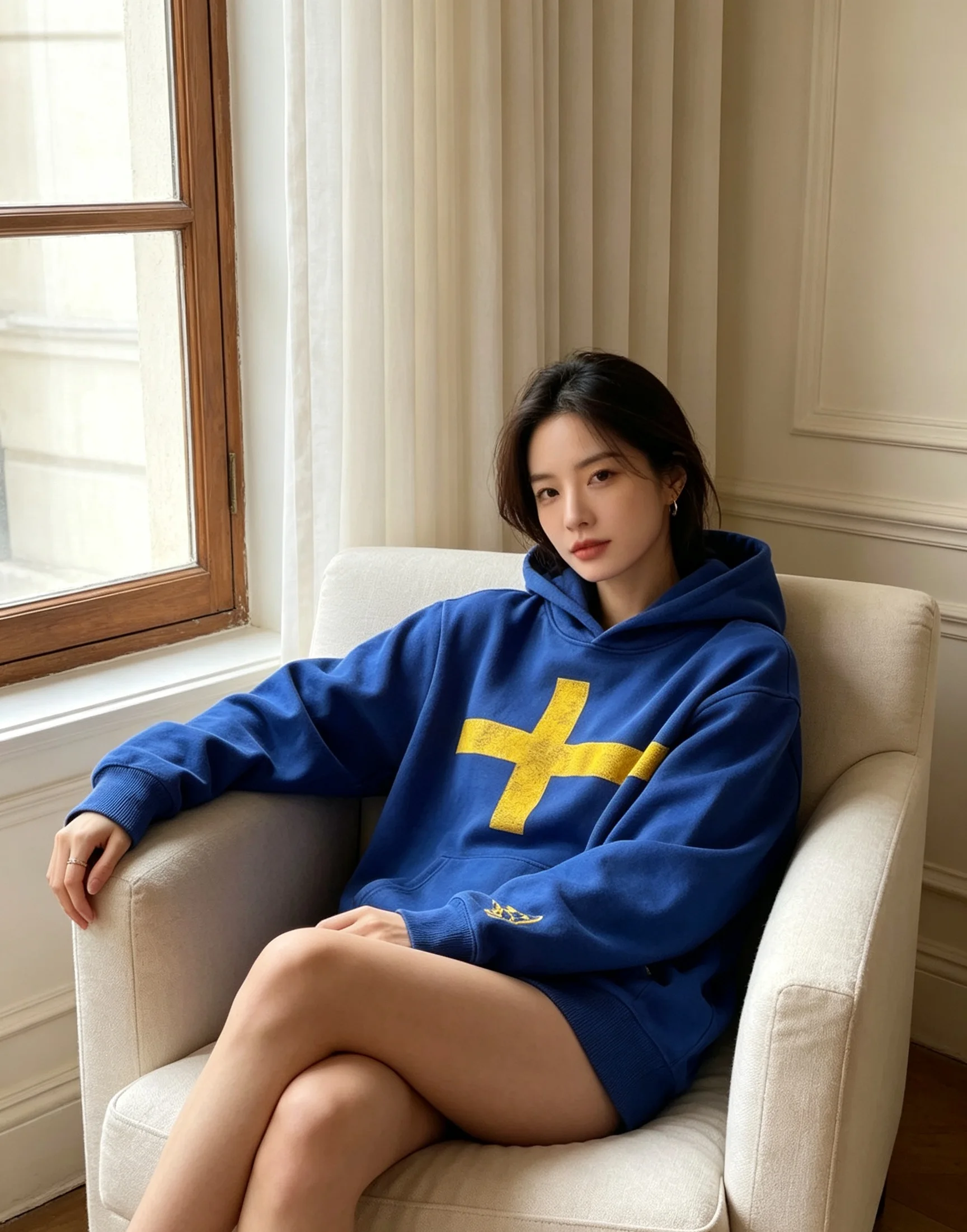 Klein Blue Retro Vintage Yellow Cross Hoodie Sleeve Side Skull Print High Street Loose Trendy Hoodie