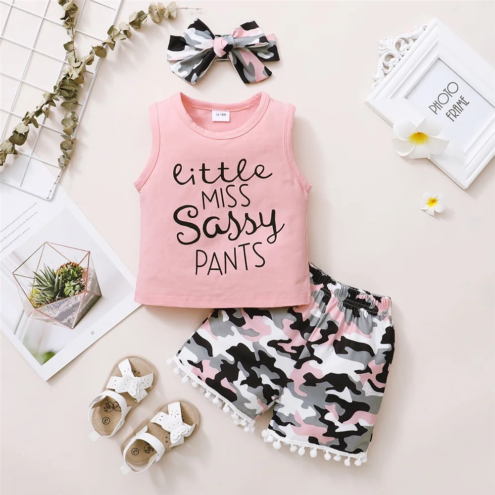 1-5 سنوات طفل فتاة 3 قطعة مجموعة الملابس رسالة بلوزات بلا اكمام + السراويل التمويه + أغطية الرأس طفل فتاة الترفيه نمط ملابس رياضية