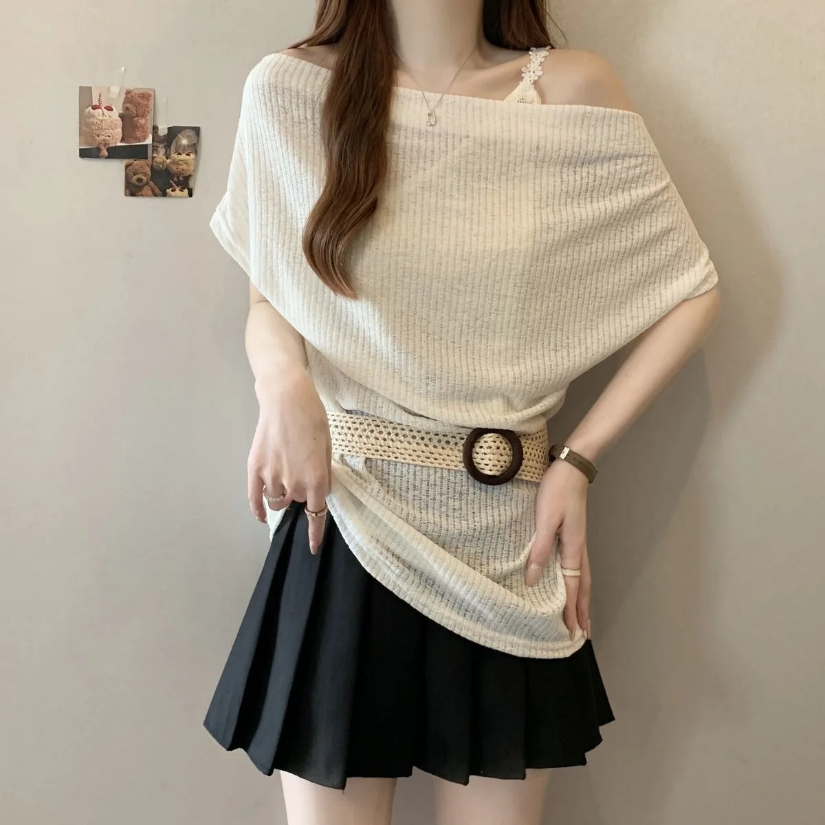 Ice Silk Shoulder Bared Thin Design Sensation Small Public All Match Lace Collar Fake Two-Piece Print Other Has Tag Summer Top