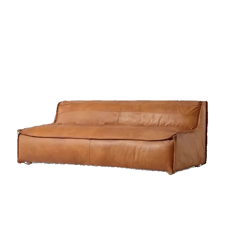 No armrests, retro, oil wax leather, brown sofa
