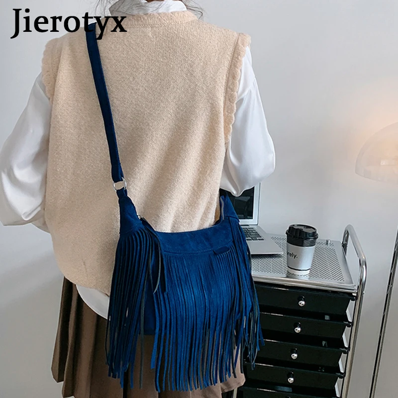 JIEROTYX Decor Fringe Trim Crossbody Purse Bag for Women Vintage Tassel Faux Suede Handbag Messenger Shoulder Bags