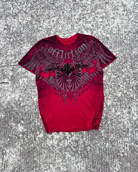 Affliction Eagle Printing Red T-shirt Men Hip hop Oversized Streetwear Washed American Style Clothes Women Short Sleeves
