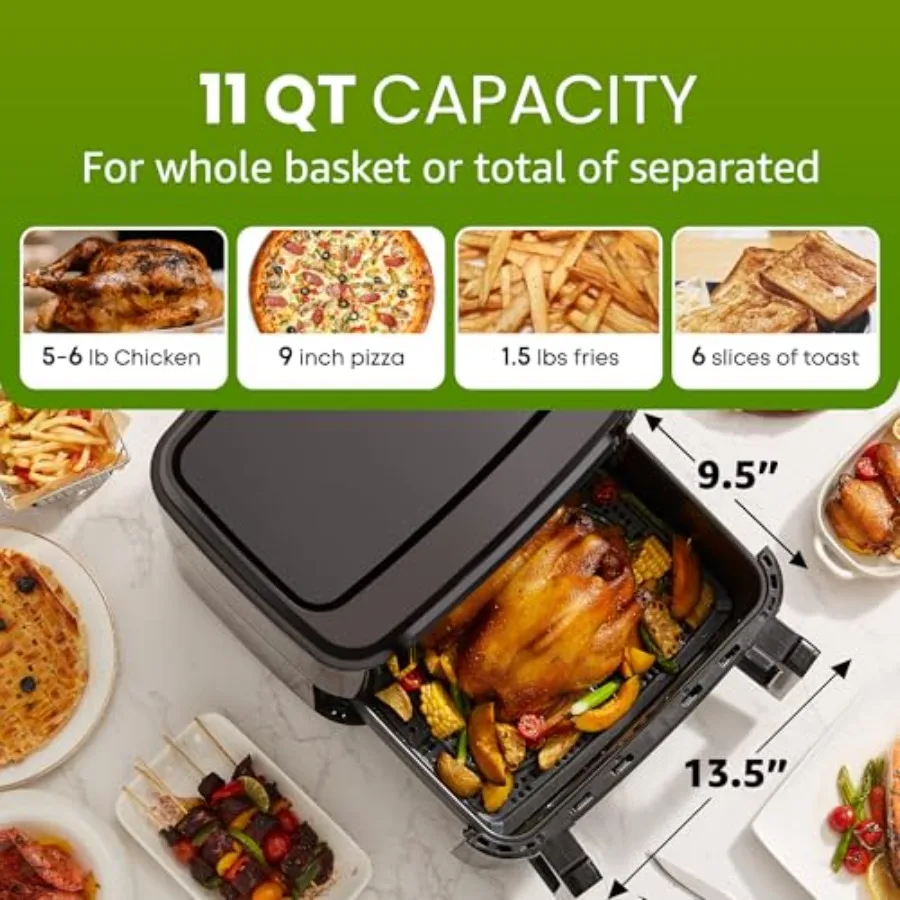 EAF1055D デュアルゾーンエアフライヤーオーブン 11QT。 仕切り付き容量 同期仕上げ 食洗機対応バスケット 10種類のプリセット機能 1600ワット