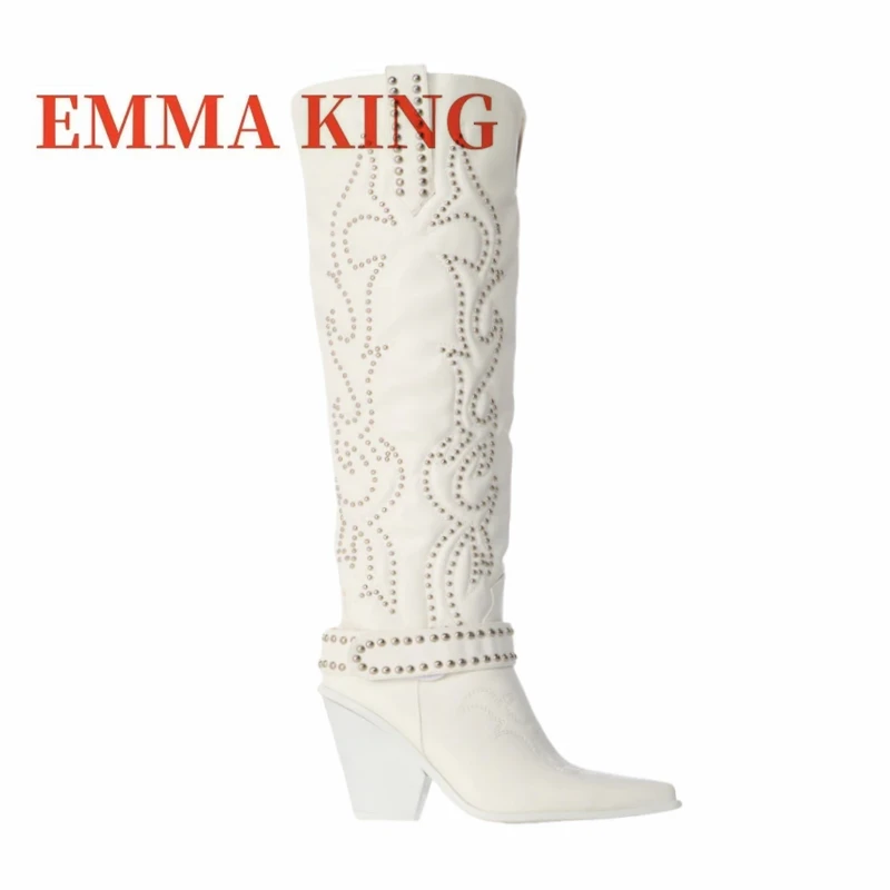 Rivet Embellished Knee High Boots Women Pointed Toe Western Cowboy Boots For Women Chunky Low Heel Cowgirl Boots Studded Boots