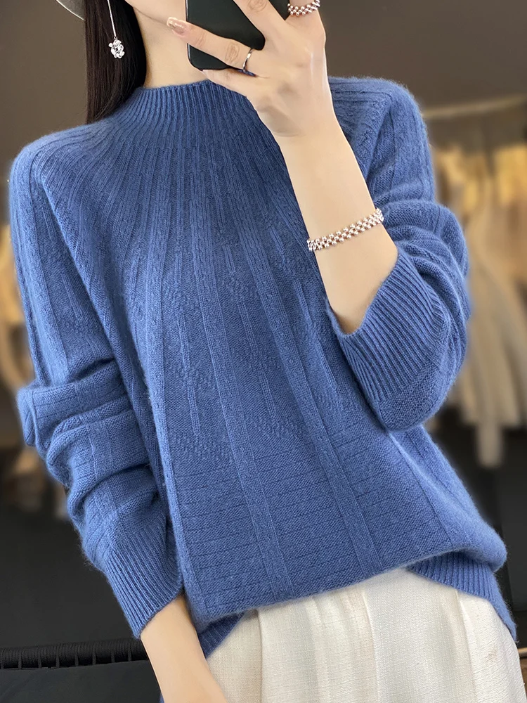 

2024 New Women Cashmere Sweater 100% Merino Wool Mock Neck Pullover Autumn Winter Quality Soft Jumper Luxary Knitwear Clothing