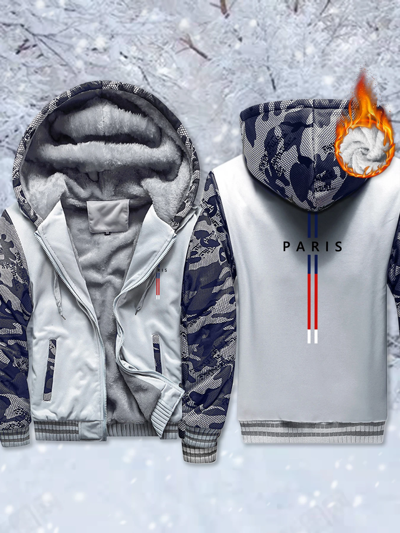 

Paris Creativity Print Fleece Zip-Up Jackets Man'S Basics Pocket Sportswear Thicken Winter Coat Warm Comfy Outwear Soft Clothes
