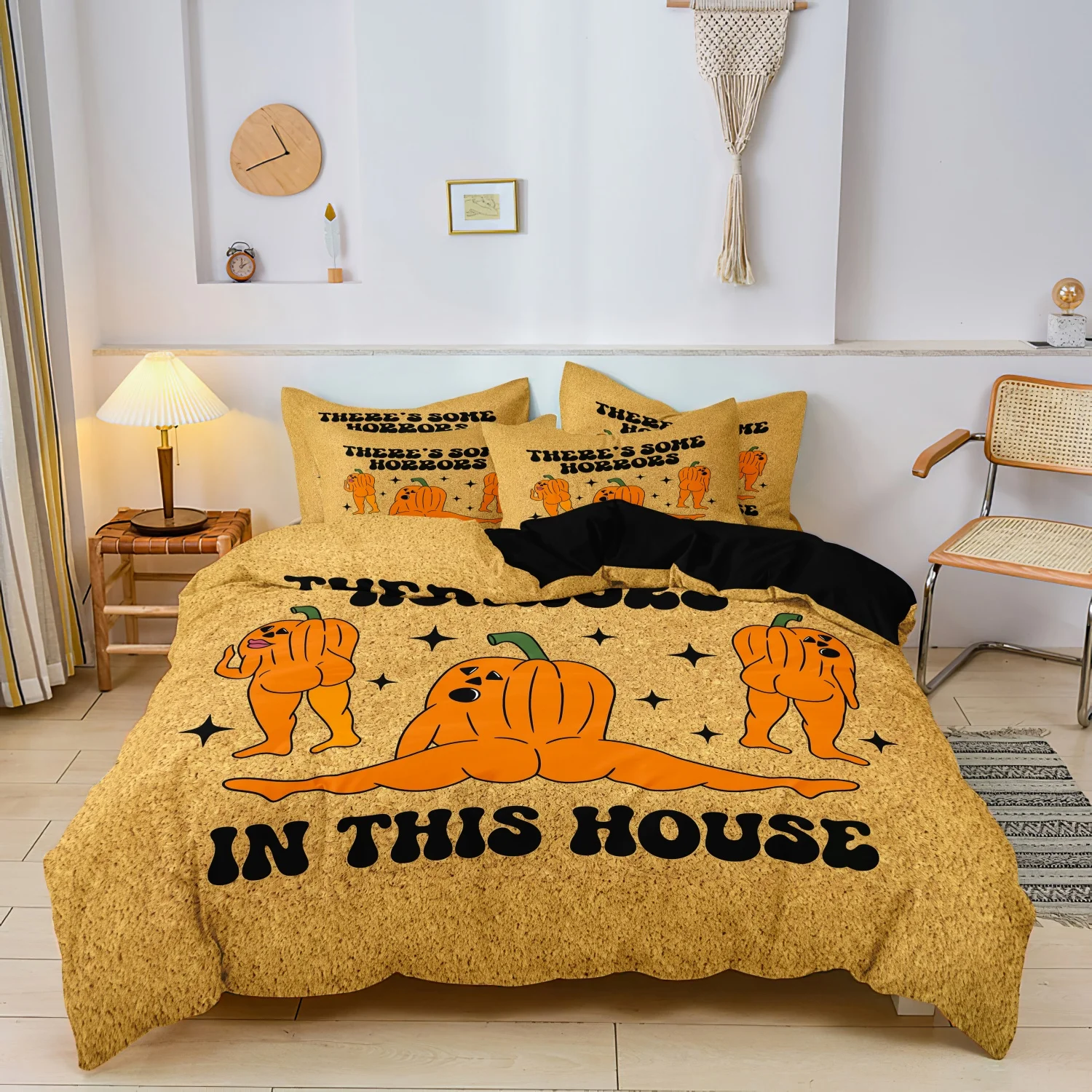  3Pcs Funny Halloween Print Duvet Cover Set, Cork Dancing Pumpkin There's Some Horrors In This House Slogan Printed Bedding
