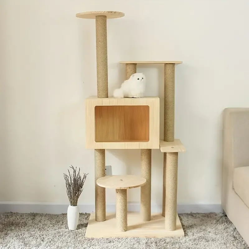 Multi-Level Wooden Cat Tree With Integrated Nest, Climbing Platforms, And Jumping House