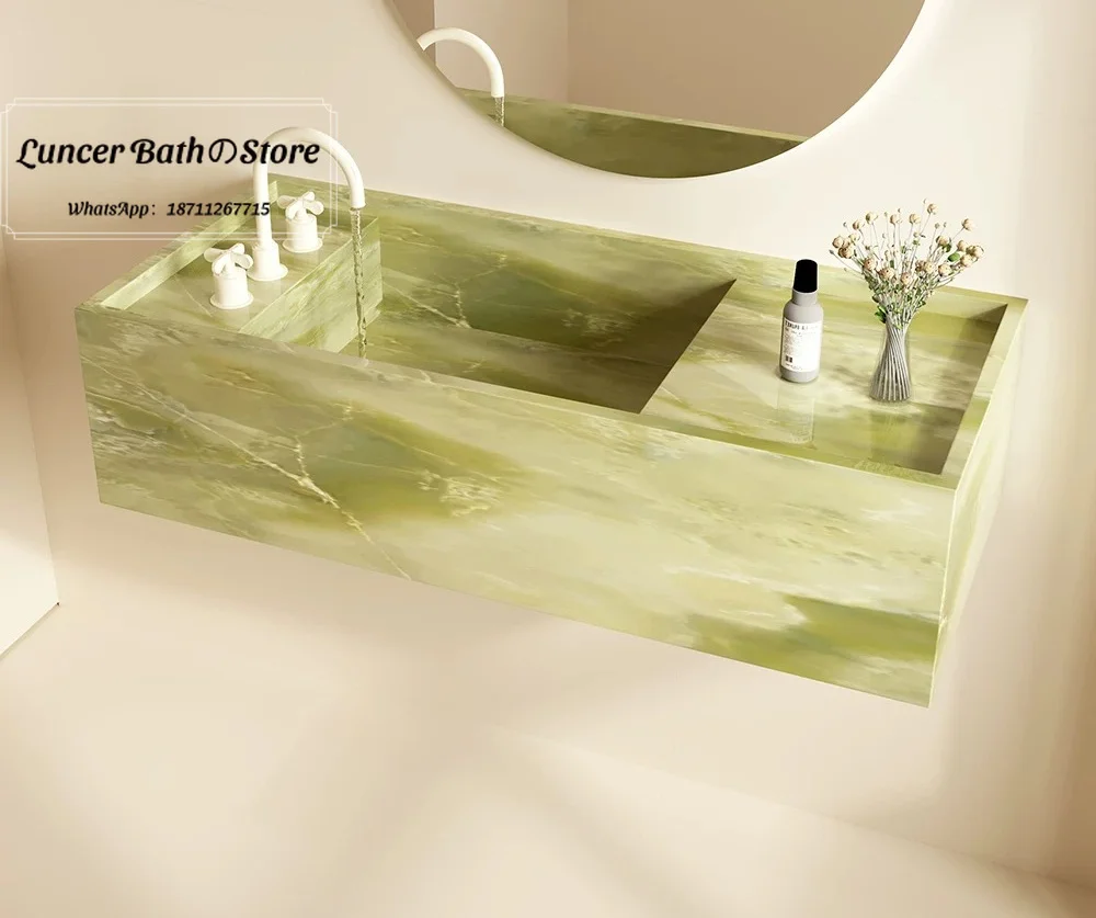 Vintage Green Jade Marble Undermount Sink, Mid-century Luxury Jade Stone Rock Slab Bathroom Wash Basin