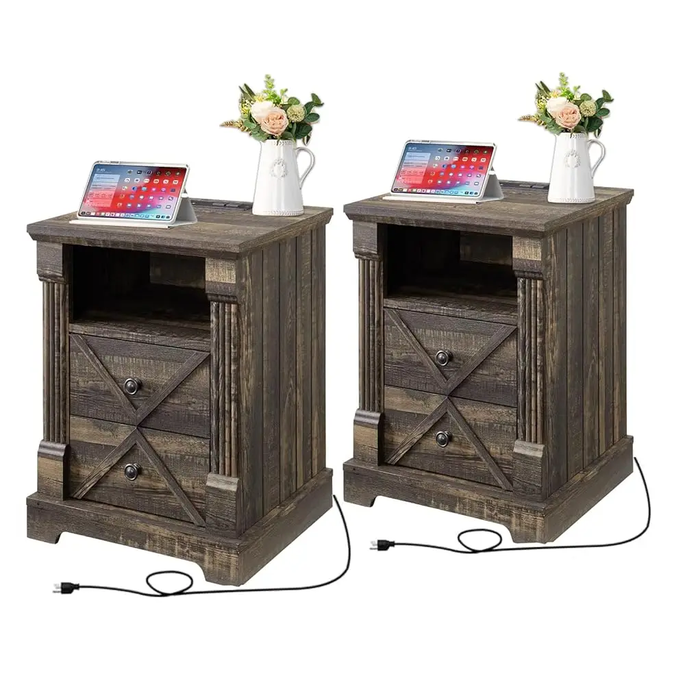 

Farmhouse White Night Stand Set Of 2, 18"" Nightstand With Charging Station, Wood Rustic End Table, Roman Column Design, Modern