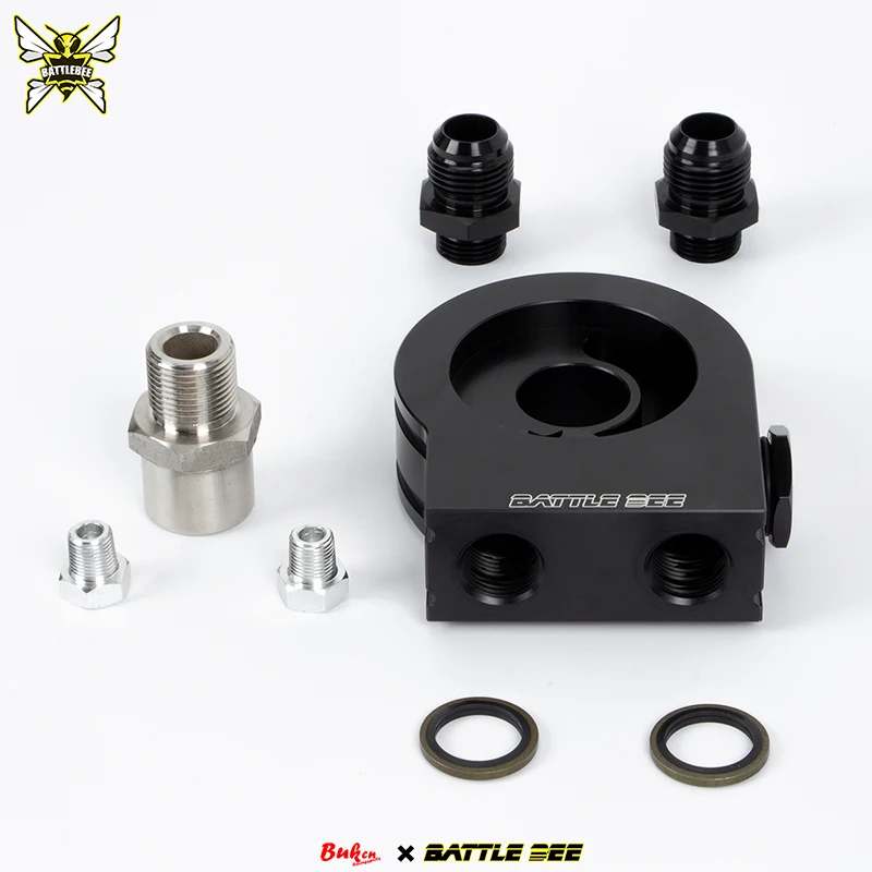 -BATTLE BEE Racing Car Universal Engine Oil Cooler Thermostat Adapter 80MM Black Aluminum Alloy Cooling System BB-OFA-017