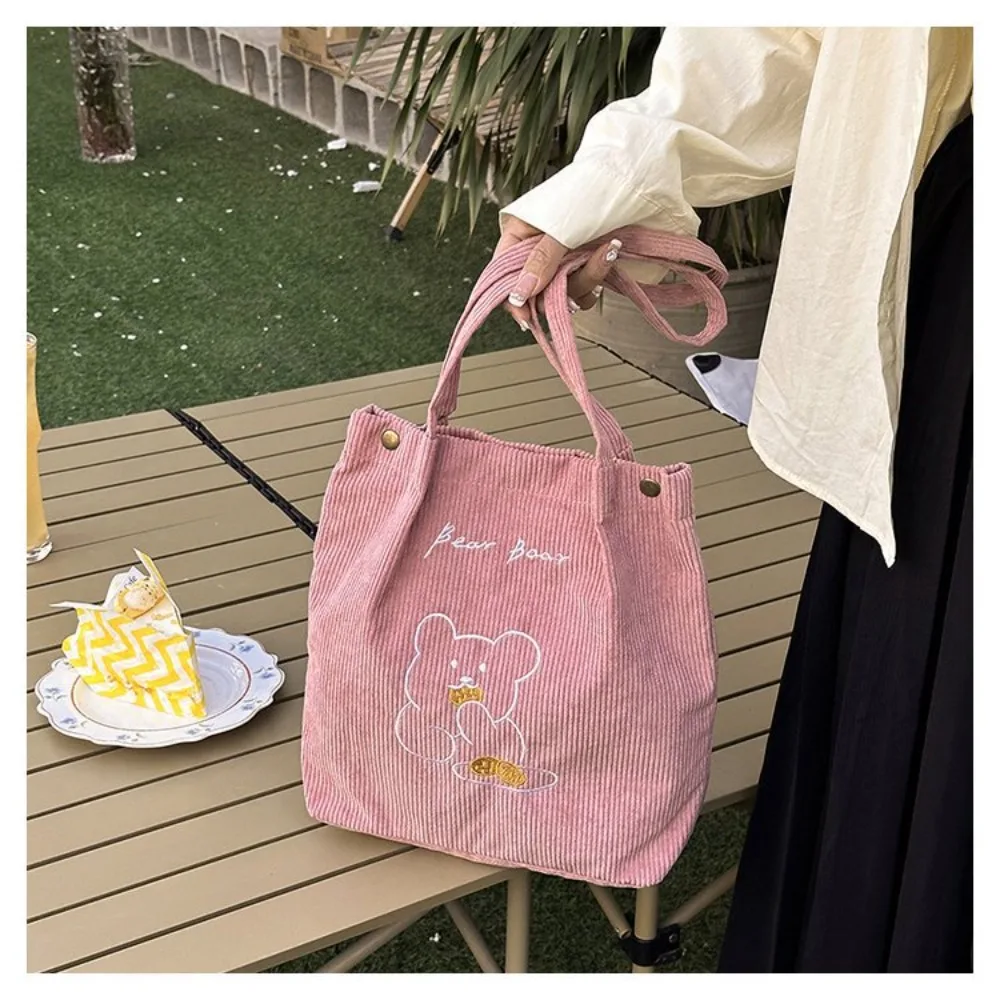 Women Corduroy Shoulder Bag High-capacity Bear Ladies Casual Handbag Tote Bag Reusable Large Capacity Cotton Shopping Beach Bags