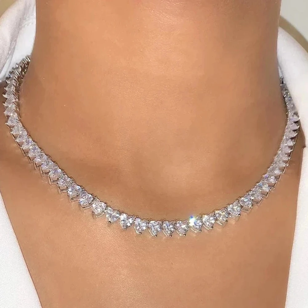 Moda Bling Heart Crystal Tennis Chain Naszyjnik dla kobiet Iced Out Gold Silver Color Biżuteria ślubna dla dziewczyny walentynkowej