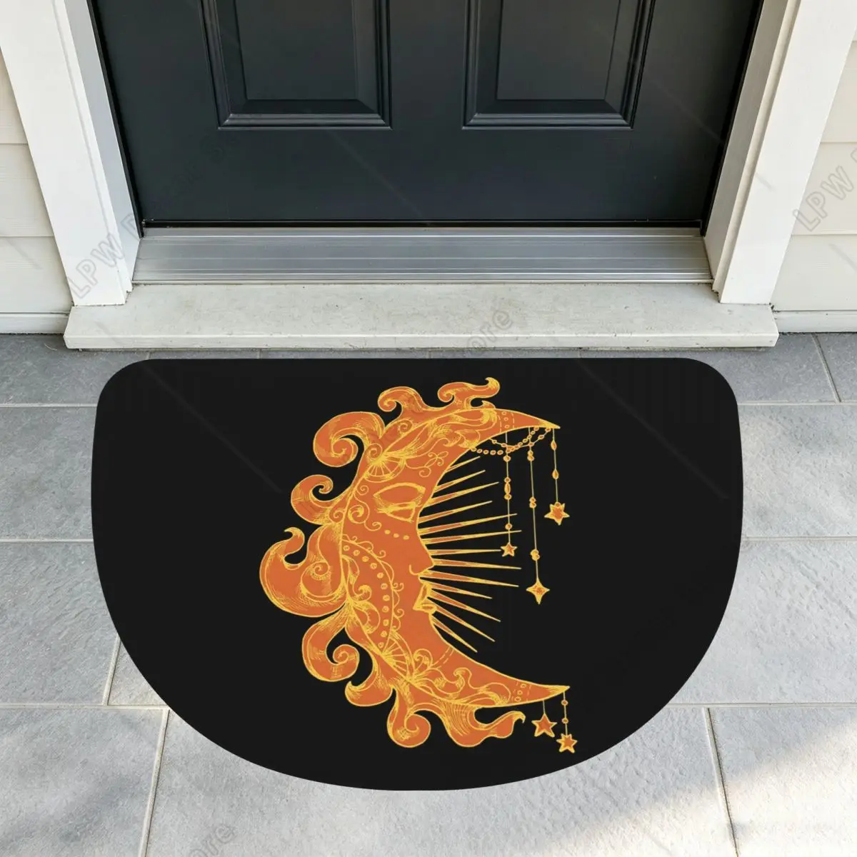Witchy Mystic Moon Face Stars Sun Soft Half Round Doormat Non Slip Bathroom Mat Absorbent Floor Carpet for Laundry Room Bathroom