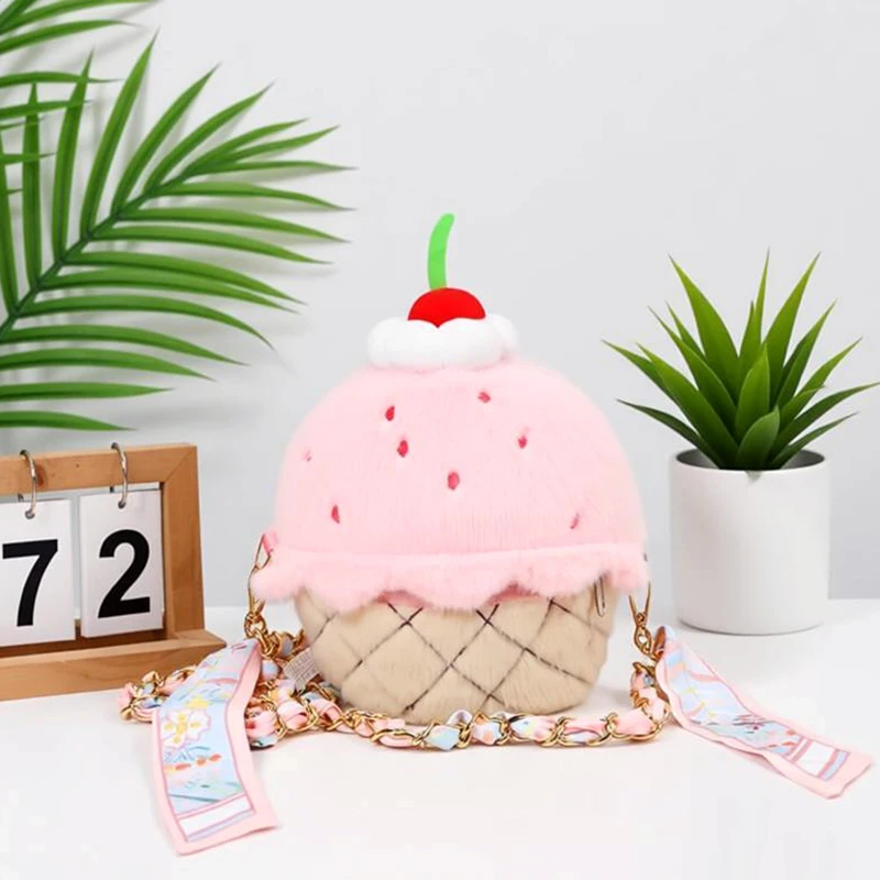 

Stylish Strawberry Ice Cream Plush Backpack Colorful Strawberry Cake Plush Toy Creative Fruit Ice Cream Stuffed Handbag