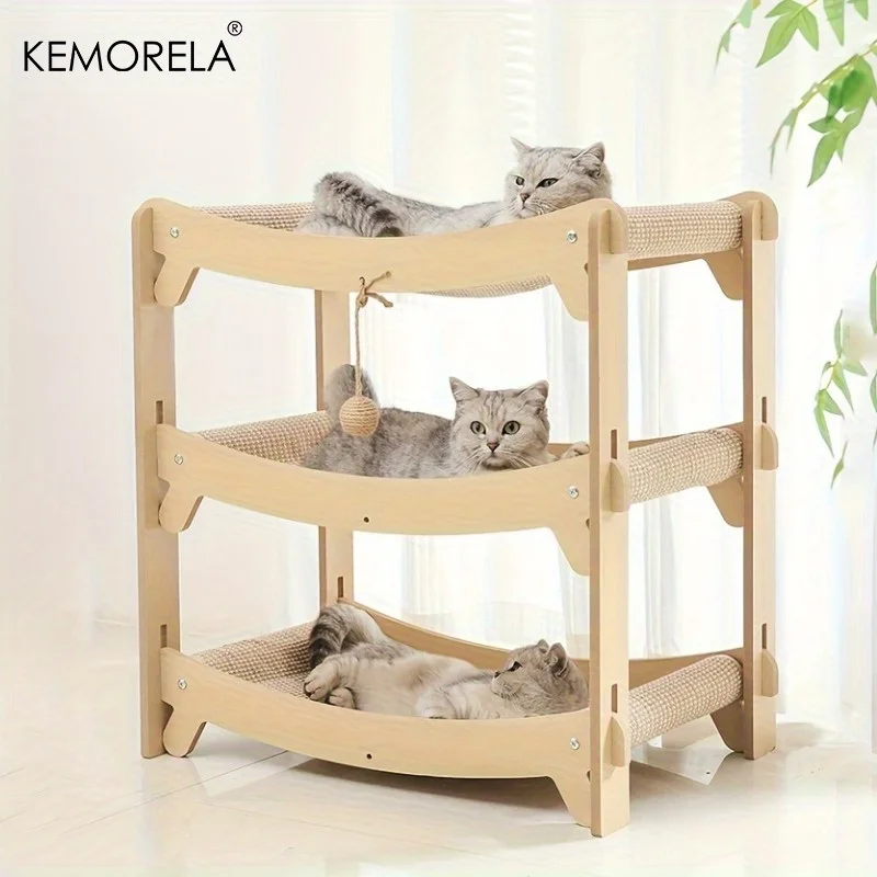 Large Double/Triple Tiered Cat Bed with Scratching Post & Cat Toys Removable Cozy Four-Season Design for Multiple Indoor Cats