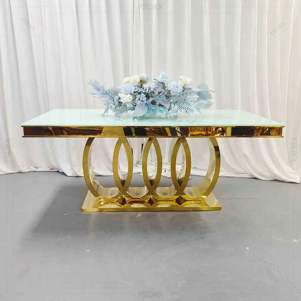 

Hot Sale Hotel Wedding Table Stainless Steel Glass Banquet Event Gold Dining Table
