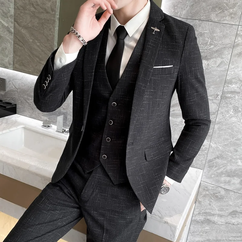 Autumn and Winter Korean Version Slim-fit Suit (suit + Vest + Trousers) 2024New Men\'s All-in-one Three-piece Wedding Dress M-5XL